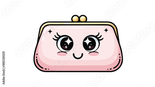 Kawaii pink coin purse illustration with large sparkling eyes