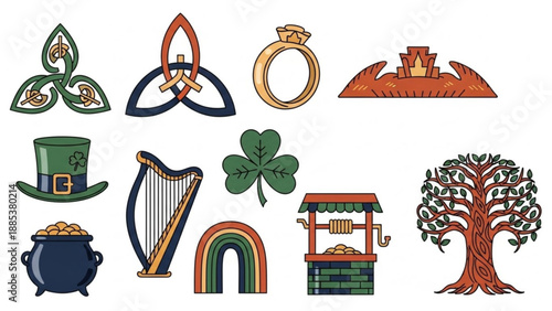 Collection of Irish symbols and icons including shamrock harp pot of gold and Celtic knots flat vector illustrations for St Patricks Day and cultural themes