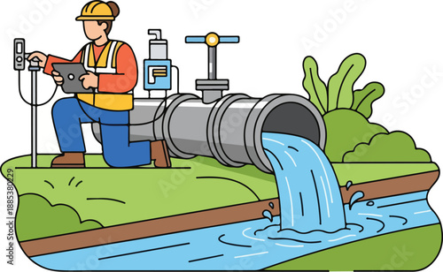 Industrial worker operating large pipe valve with water flowing into a stream