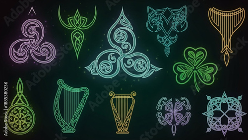 Collection of Celtic knotwork symbols and icons including triskelion shamrock and harp in a luminous mystical style for cultural design and spiritual concepts