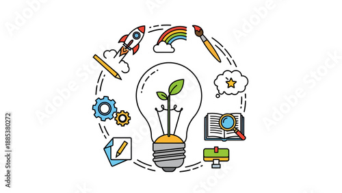Lightbulb with plant surrounded by icons for ideas creation and knowledge