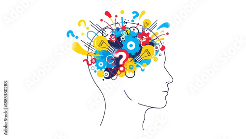 Line drawing of a human head profile filled with gears lightbulbs and question marks
