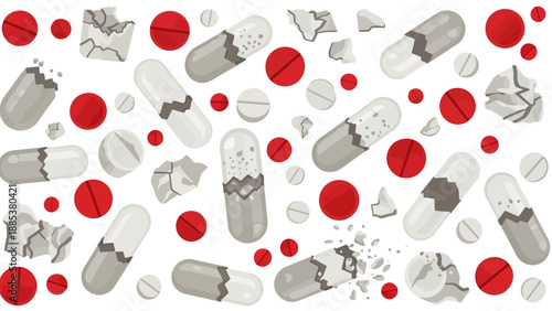 Pattern of various red white and gray broken and whole pills