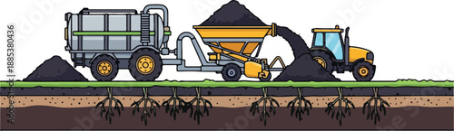 Heavy machinery dumping soil and compost for tree planting in a landscape environment from a side viewpoint
