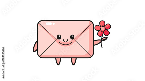 Pink cartoon envelope character holding a red flower