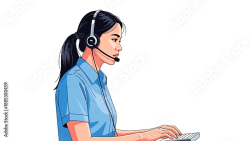 Side view of a female call center agent wearing a headset and typing