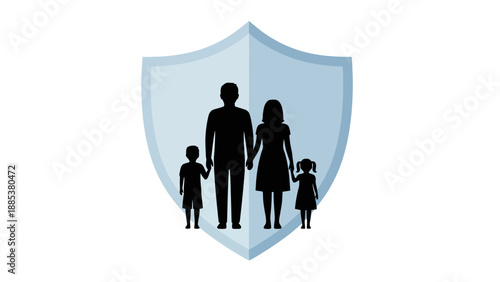 Silhouette of a fourperson family within a light blue shield icon