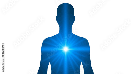 Silhouette of a human torso and head glowing blue with a bright central light burst
