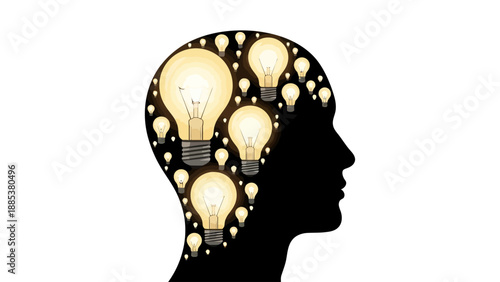 Silhouette of a human head filled with numerous glowing light bulbs