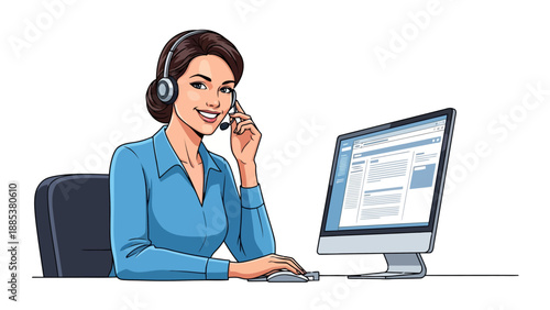 Smiling female customer service agent wearing a headset at a computer
