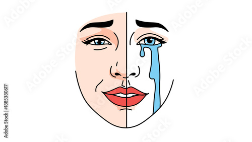 Split face illustration happy smile on left crying eye on right