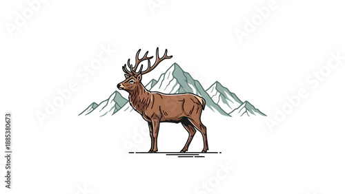 Stylized brown stag with large antlers stands before snowcapped grey mountains