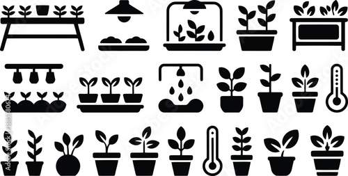 A collection of black silhouette icons depicting indoor gardening, plants, and growing equipment