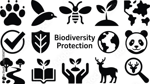 A collection of black icons representing global biodiversity protection and environmental conservation efforts