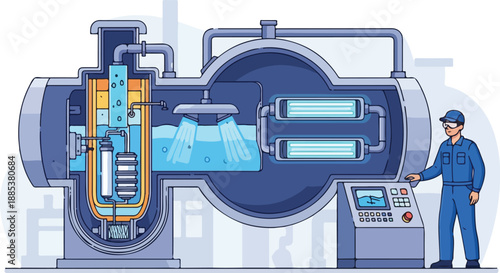 Industrial engineer operating complex machinery in a factory setting with detailed technical illustration