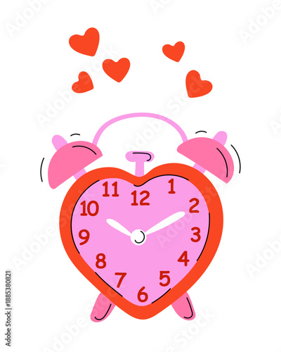Cute illustration of vintage heart shaped alarm clock with hearts in pink and red colors. Symbolizes love, romance and time of love. Vector isolated hand drawn.
