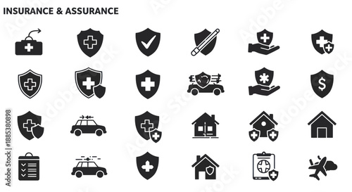 A grid of black and white insurance and assurance related icons