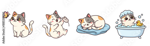 Set of cute kawaii calico cat characters. Funny kitten daily activities: playing with mouse, sleeping on pillow, taking a bath with rubber duck, looking at butterfly. Vector illustration for stickers 
