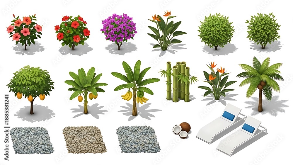 Fototapeta premium Tropical plants and garden furniture collection isolated on white background