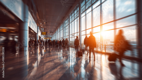 Passengers walking with luggage in modern airport terminal corridor at sunset light