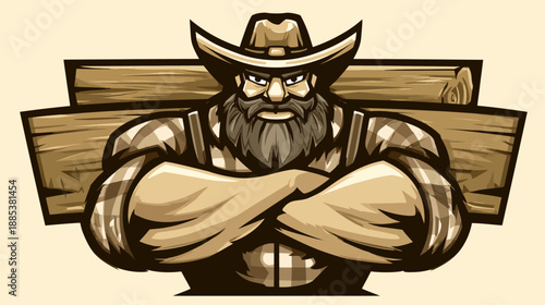 A rugged, sepia-toned illustration of a stern man wearing a cowboy hat carrying wooden logs