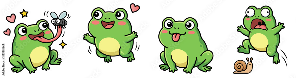 Fototapeta premium Cute cartoon frog sticker set. Funny toad catching fly, jumping happy, sitting silly, running scared from snail. Kawaii vector.