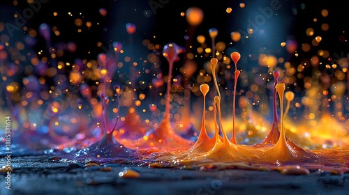 Glowing neon drops of paint on a dark background or blurry colorful sparks. High quality
