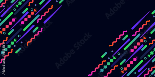 Abstract geometric background with vibrant colorful diagonal shapes and rhythmic wavy lines on a dark navy backdrop