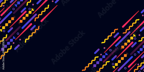 Abstract geometric background with colorful diagonal shapes and rhythmic wavy lines on a dark navy backdrop