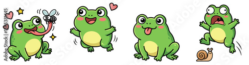 Cute cartoon frog sticker set. Funny toad catching fly, jumping happy, sitting silly, running scared from snail. Kawaii vector.