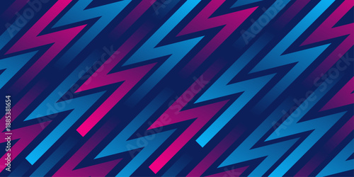Abstract geometric pattern with blue and pink diagonal zigzag shapes and rhythmic parallel lines on dark background