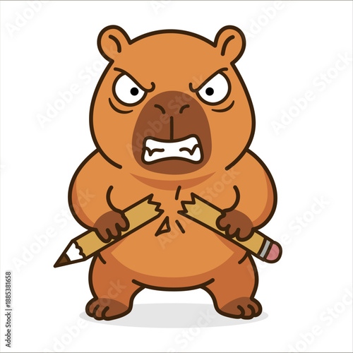 Angry capybara breaking pencil cartoon sticker. Funny vector animal snapping pencil in rage. Stress and burnout concept.