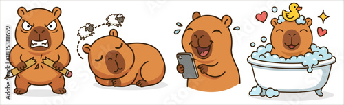 Funny capybara sticker set. Angry breaking pencil, sleeping counting sheep, laughing at phone, bathing with duck. Kawaii vector.