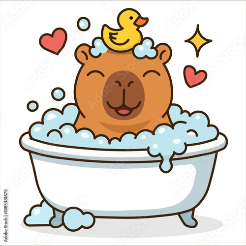 Cute capybara taking a bubble bath with rubber duck. Funny cartoon animal relaxing in tub. Kawaii vector sticker for self-care.