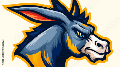 A stylized illustration of a donkey's head in profile, featuring a fierce expression