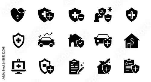 A grid of fifteen black and white insurance and protectionthemed icons
