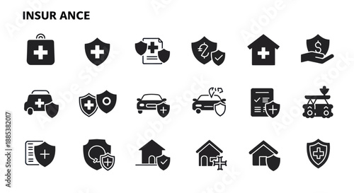 A grid of fifteen black and white insurancerelated icons featuring crosses shields cars houses and documents