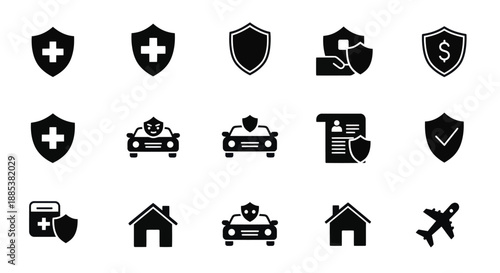 A grid of fifteen black insurance and protection icons in three rows