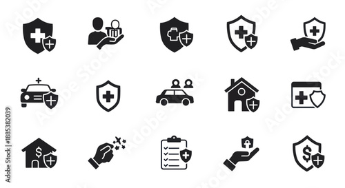 A grid of fifteen black insurance and protectionrelated icons on a white background