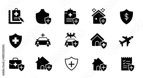 A grid of fifteen black insurancerelated icons featuring shields medical crosses vehicles and buildings