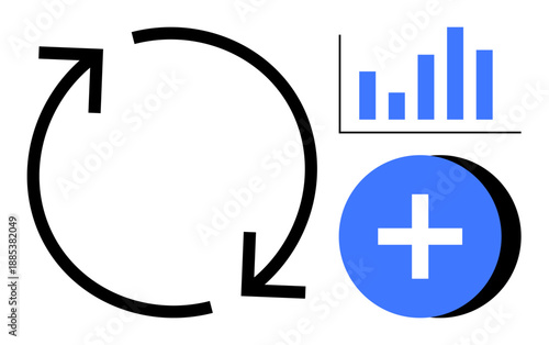 Data analytics. Circular arrows, a bar chart, and a plus sign iterative processes, data insights, and growth opportunities. Data analytics supports business intelligence, teamwork, strategic