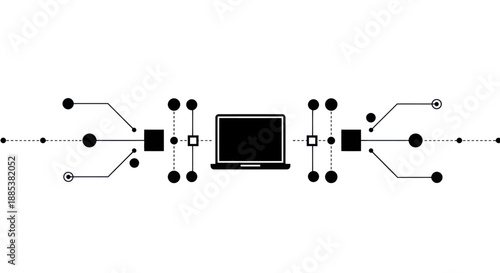 Black and white abstract circuit diagram centered on a laptop icon