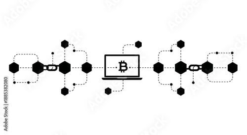 Black and white icon illustrating a laptop connected to a decentralized blockchain network