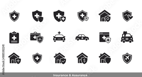 Black and white icons representing various types of insurance and assurance coverage