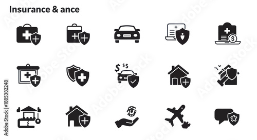 Black and white icons representing various insurance types arranged in three rows