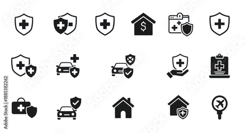 Black and white icons representing various types of insurance protection