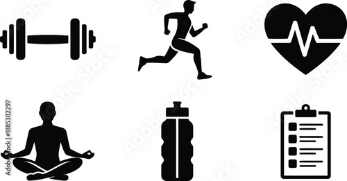 A collection of black silhouette icons representing various health, fitness, and wellness activities on a white background