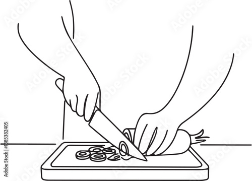 Hands skillfully slicing a fresh onion on a chopping board from a close-up viewpoint