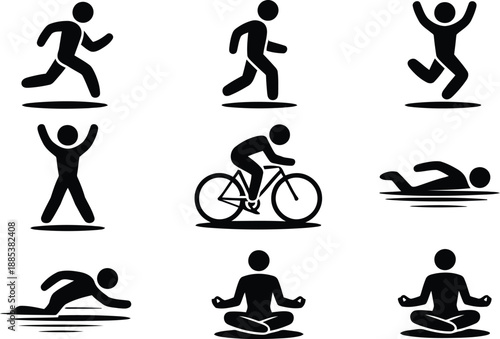 A collection of black silhouette stick figures performing various active sports and meditative poses