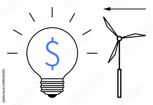 Renewable energy concept. Renewable energy by a wind turbine and a lightbulb with a dollar sign. Renewable strategies for sustainability and cost management. For green energy, financial planning